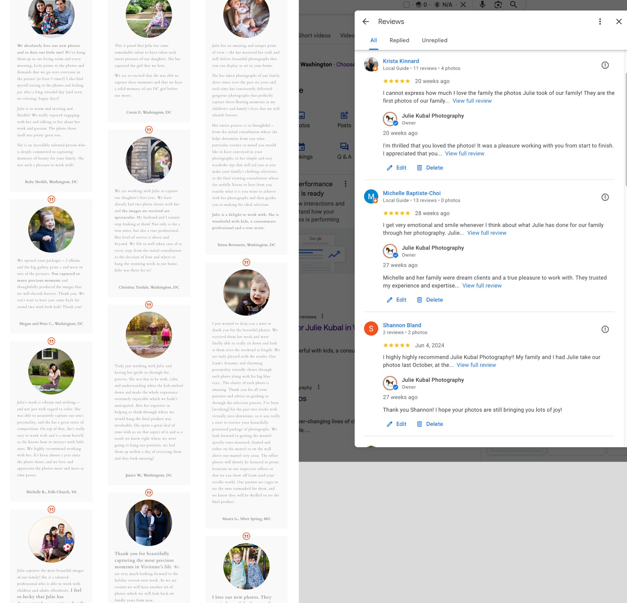 A collage of customer testimonials highlighting positive experiences with Julie Kubal's photography services, featuring individual portraits and comments from satisfied clients.