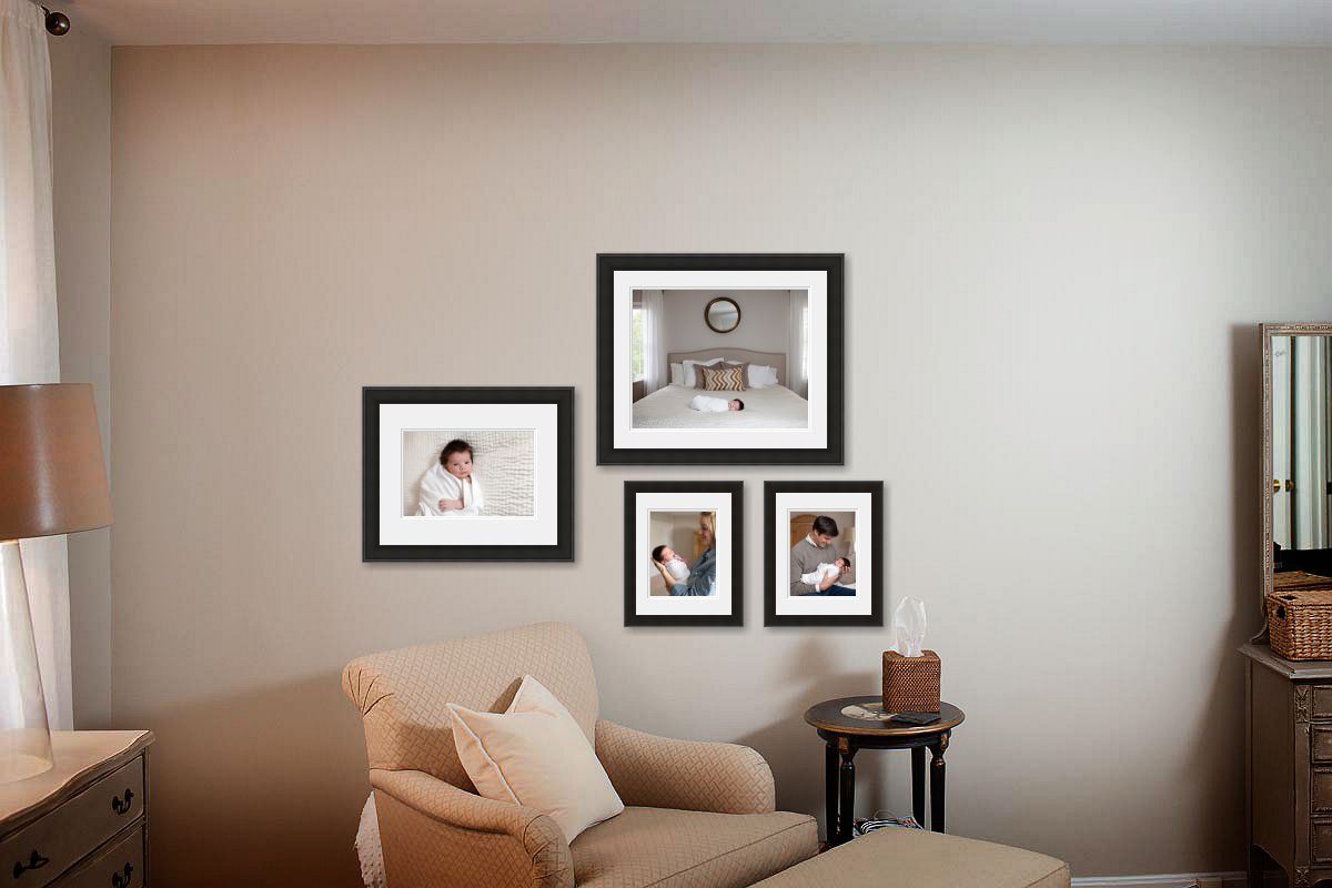Master Bedroom Wall Design with 4 framed and matted newborn photos