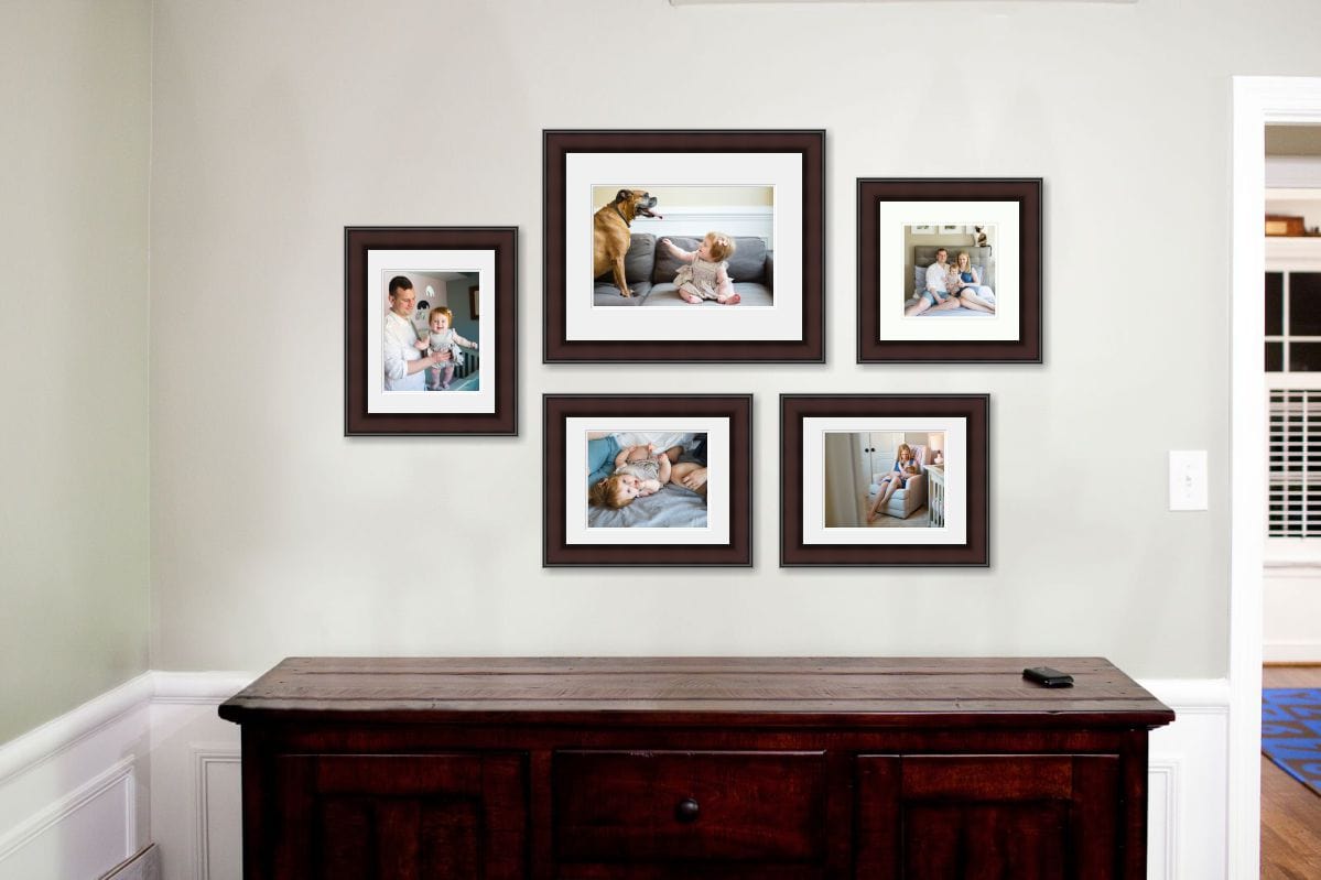 Family Photo Wall Display with 5 matted and framed prints of varying sizes