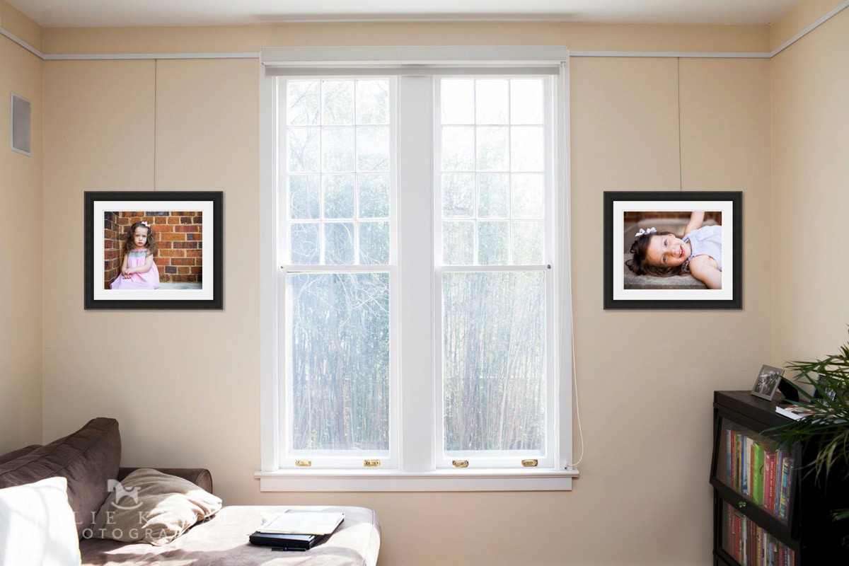 Mock up of family photo display to show client how large framed prints of her daughters will look hanging on the wall.