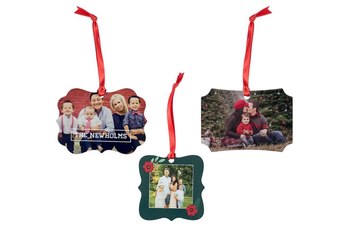 Use your family photos to make custom ornaments printed on die-cut metal.